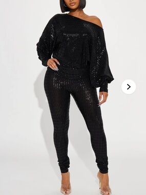 Fashion Nova Black Sequin Off-Shoulder Jumpsuit